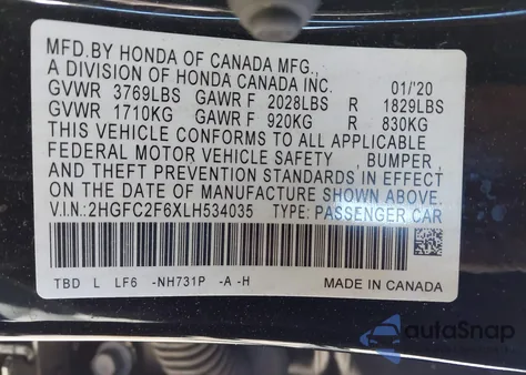 2020 Honda Civic Lx z USA, uszkodzony, nr VIN 2HGFC2F6XLH534035